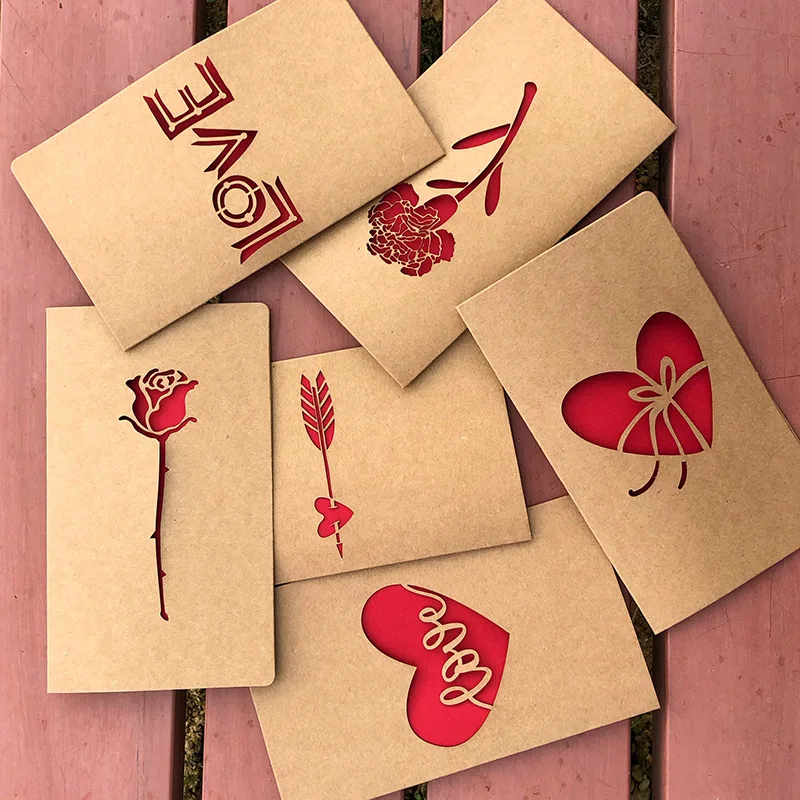 

10pcs/bag Retro Kraft Paper Laser Hollowed Out Love Card, Thank You Card, High-end Greeting Card