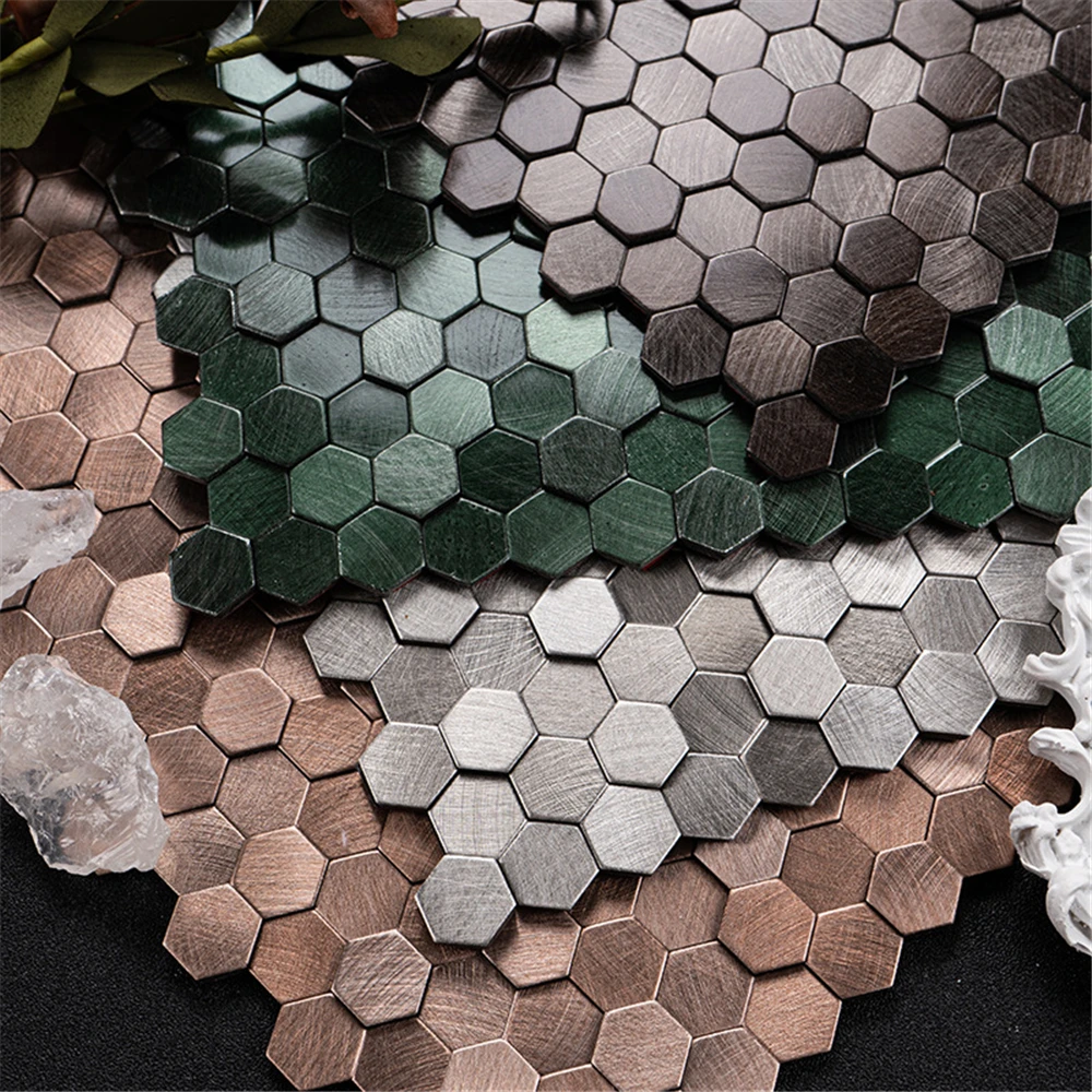 Luxus Metall Edelstahl Wand Mosaik 3D Badezimmer Mosaik Fliesen Aluminium Sechseck Mosaik Hintergrund Wand Aufkleber Selbst-klebe