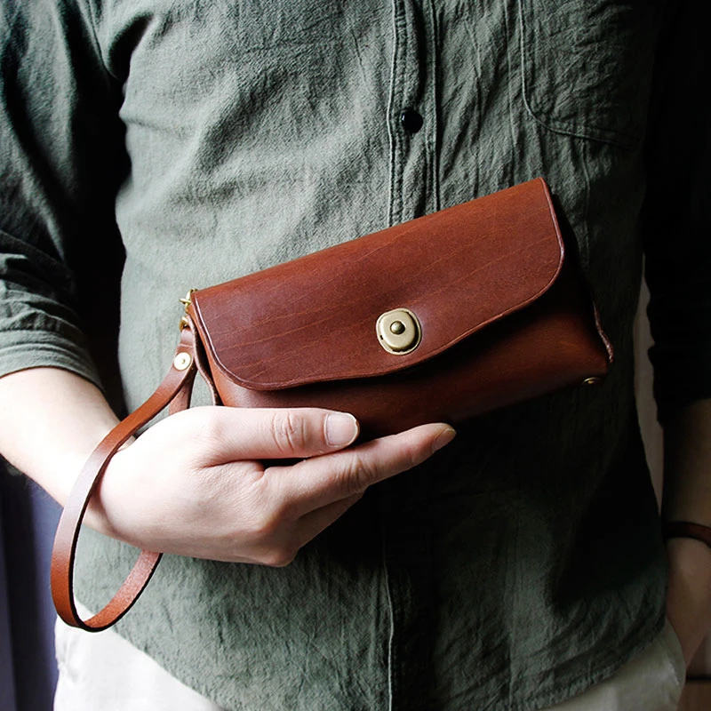 Handmade leather clutch bag cowhide vegetable-tanned leather phone long wallet new style simple and elegant beautiful gift