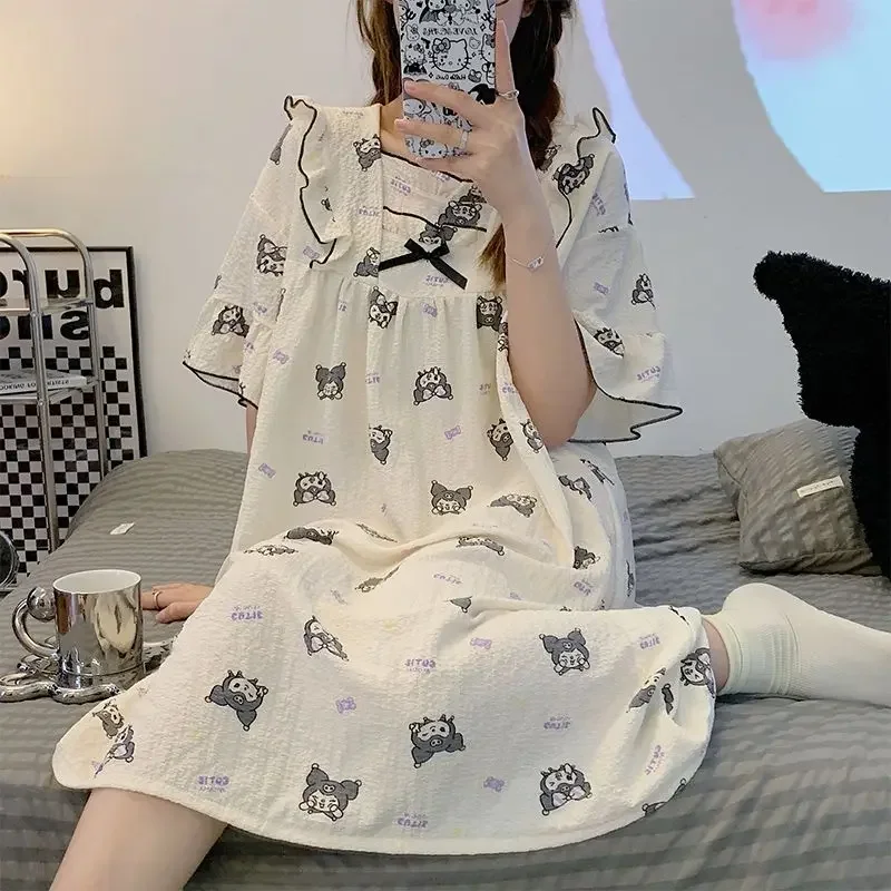 Sanrio Kuromi cartoon cute kawaii summer women's Internet celebrity style home wear large size short-sleeved dress nightgown