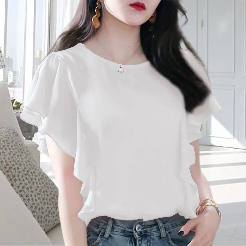 Summer Korean Style Oversized Ruffles Simple Chiffon Shirt Ladies Short Sleeve Loose All-match Top Women Casual Fashion Blouse