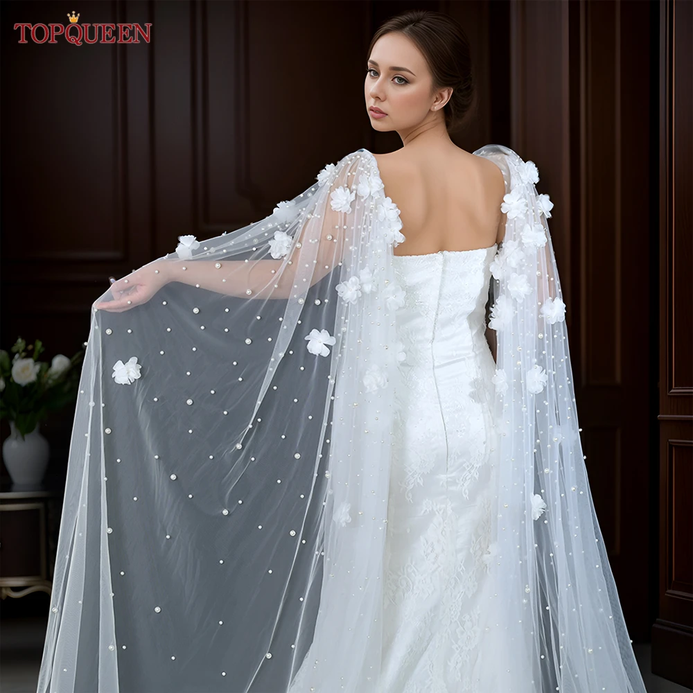 TOPQUEEN VG110 Bridal Shawl Wedding Cape White Flowers With Pearls Draped Newly Designed Cape for Wedding Dress DIY Bolero Women