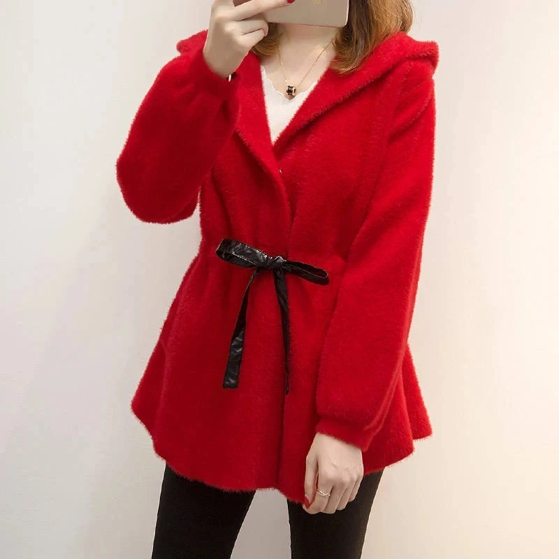 2025 New Imitation Mink Cashmere Coat Women Spring Autumn Casual Hooded Knitted Cardigan Korean Loose Belt Sweater Jacket Female