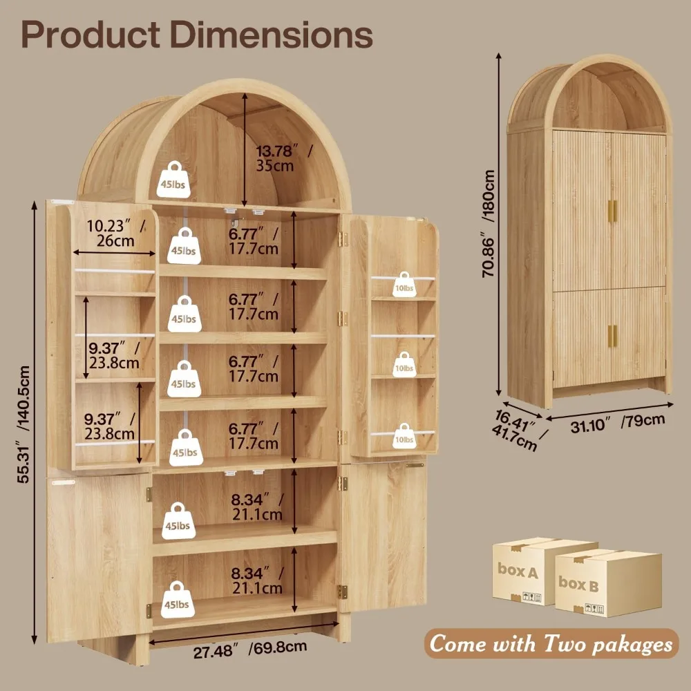 USA Stock Arched Kitchen Pantry Cabinet Fluted Wood Storage 3 Shelves Hot Sale
