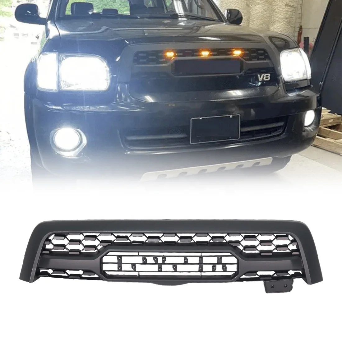 Custom Car Grills Mesh Grill Front Bumper Grille With Lights Fit For Toyota Sequoia 2005-2007 Matte Black ABS