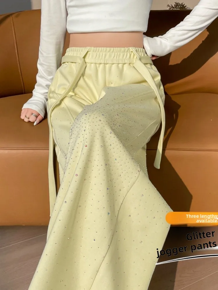 Shiny Diamond Yellow Green Casual Wide Leg Pants Women's Spring Autumn New Style Glittering Sweatpants Super Beautiful
