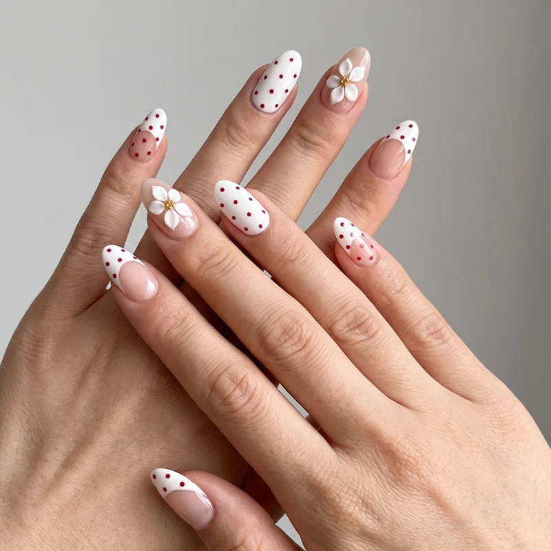 Bestselling Press-On Nails for Nail Art: Spring Creamy Off-White Slanted Nails with Embossed White Flowers and Wine-Red Polka Dots False Nail Tips