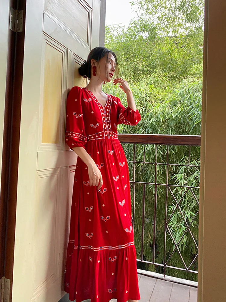 Khalee Yose Elegant Boho Embroidery Maxi Dress Summer Cotton V-neck Red Holiday Casual Ethnic Women Dresses Ladies Vestidos New