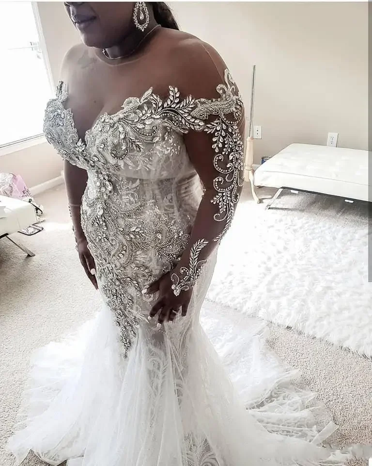 Customized See Through Lace Mermaid Plus Size Wedding Dress With Crystals Beading Sweep Train Long Sleeves African Bridal Gown