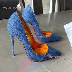 Denim niebieskie tkaniny złote czółenka damskie seksowne szpiczaste sandały na szpilce dziewczęce 10/12Cm letnie sandały Party Dress Patchwork obuwie