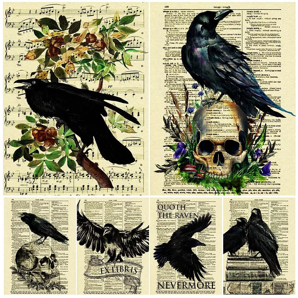 

Ravens With Black Roses Romantic Victorian Gothic Wall Art Canvas Painting Ravens & Books Black And White Art Poster Print Decor