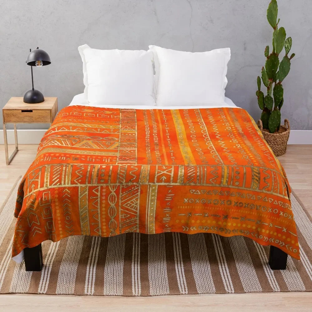 Tribal Ethnic pattern gold on bright orange Throw Blanket funny gift Warm Bed covers Blankets