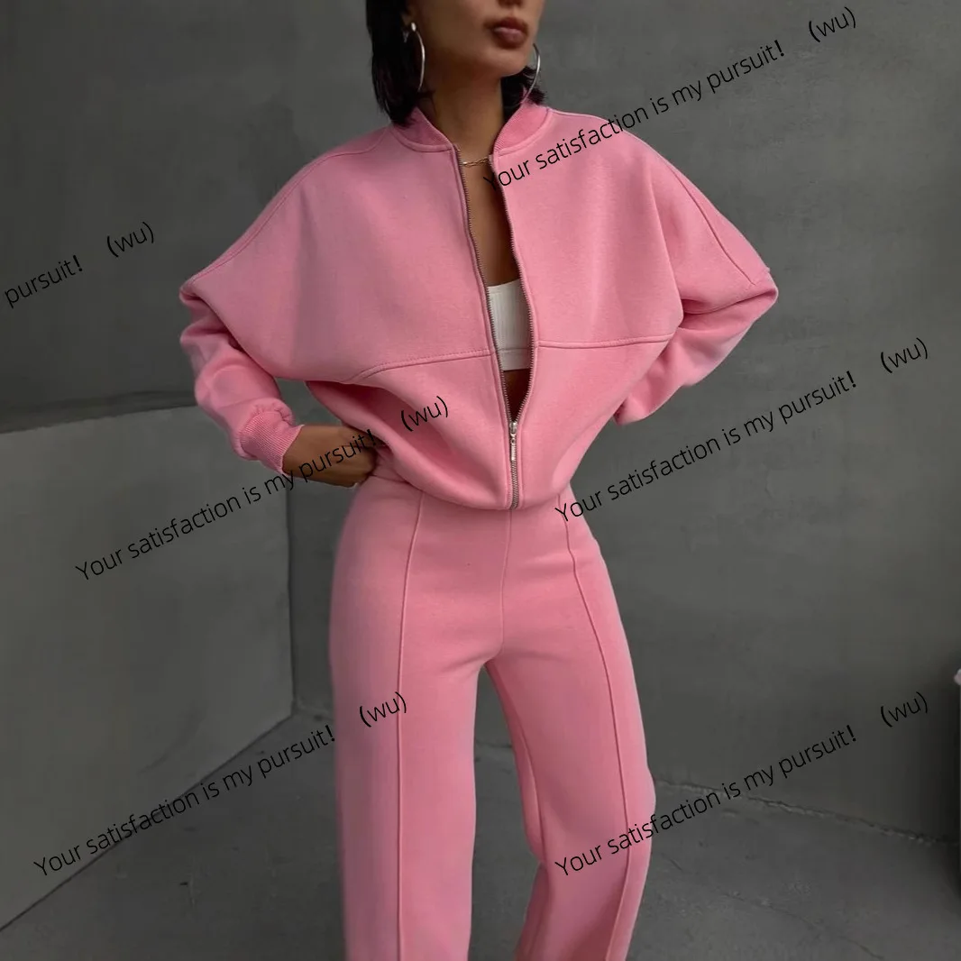 Setelan sweater cardigan ritsleting warna polos gaya Eropa dan Amerika dengan celana lurus kasual untuk wanita