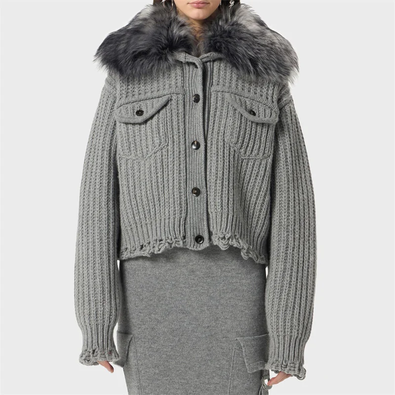 

Женский кардиган, новый эластичный облегающий топ с длинными рукавами на осень 2021, воротник из меха енота, трикотаж, женский свитер из смеси шерсти