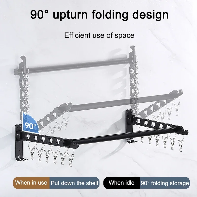 Drying Folding Non-perforated Drying Rack Wall Mounted Invisible Folding Drying Rack with Hooks Balcony Drying Artifact