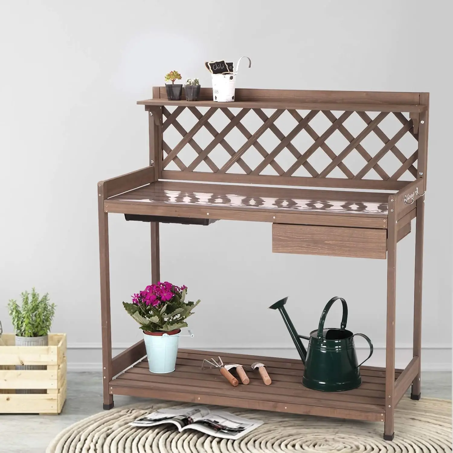 مقعد بوتينج مع طبقة PVC، حوض، غطاء، مقعد عمل البستنة، طاولة زراعة خشبية في الهواء الطلق مع مساحة تخزين، درج، رف، خطاف