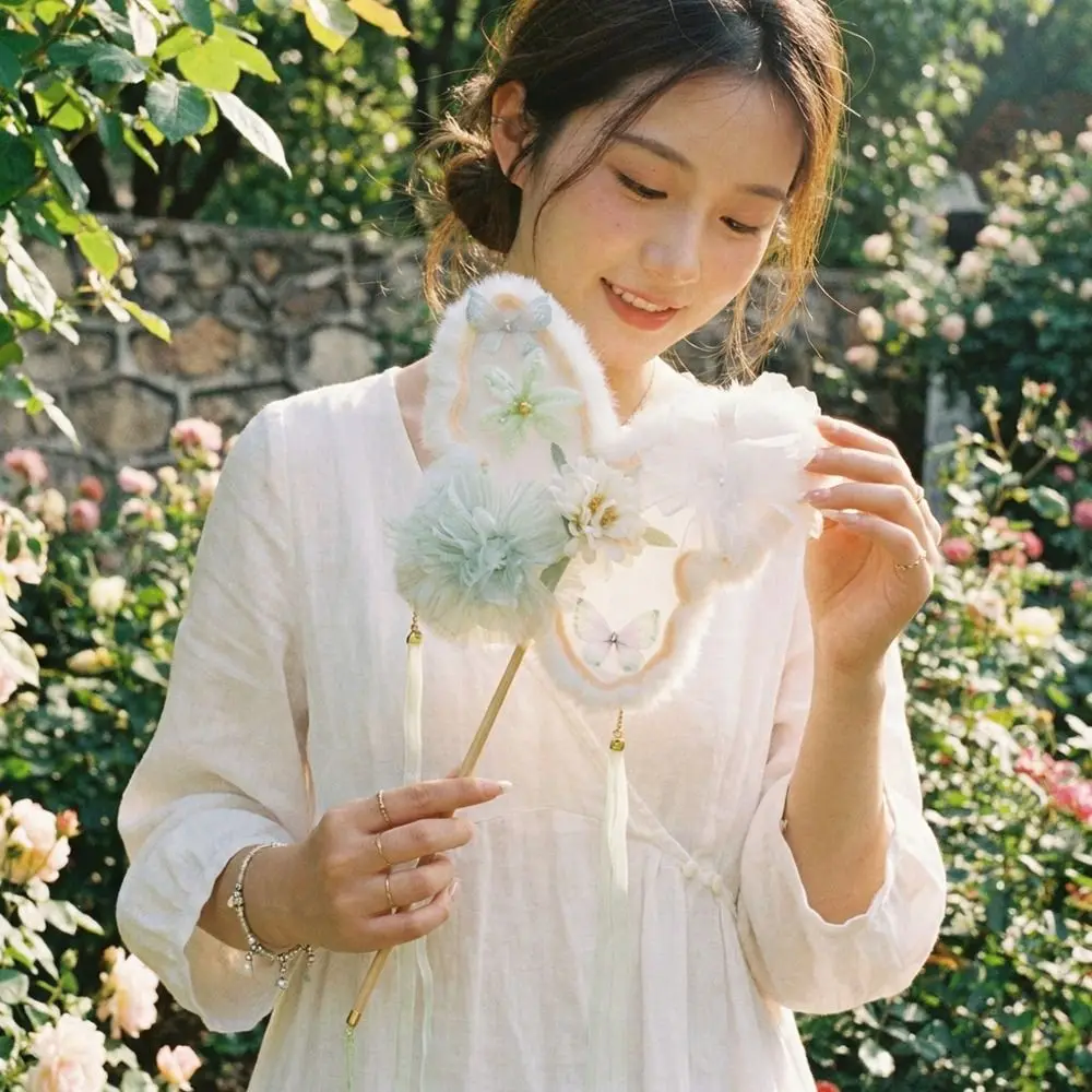 Fluffy Butterfly Handheld Fan Chinese Style Handmade Embroidered Fan with Tassel Ancient Silk Flower Fan Dance Performance