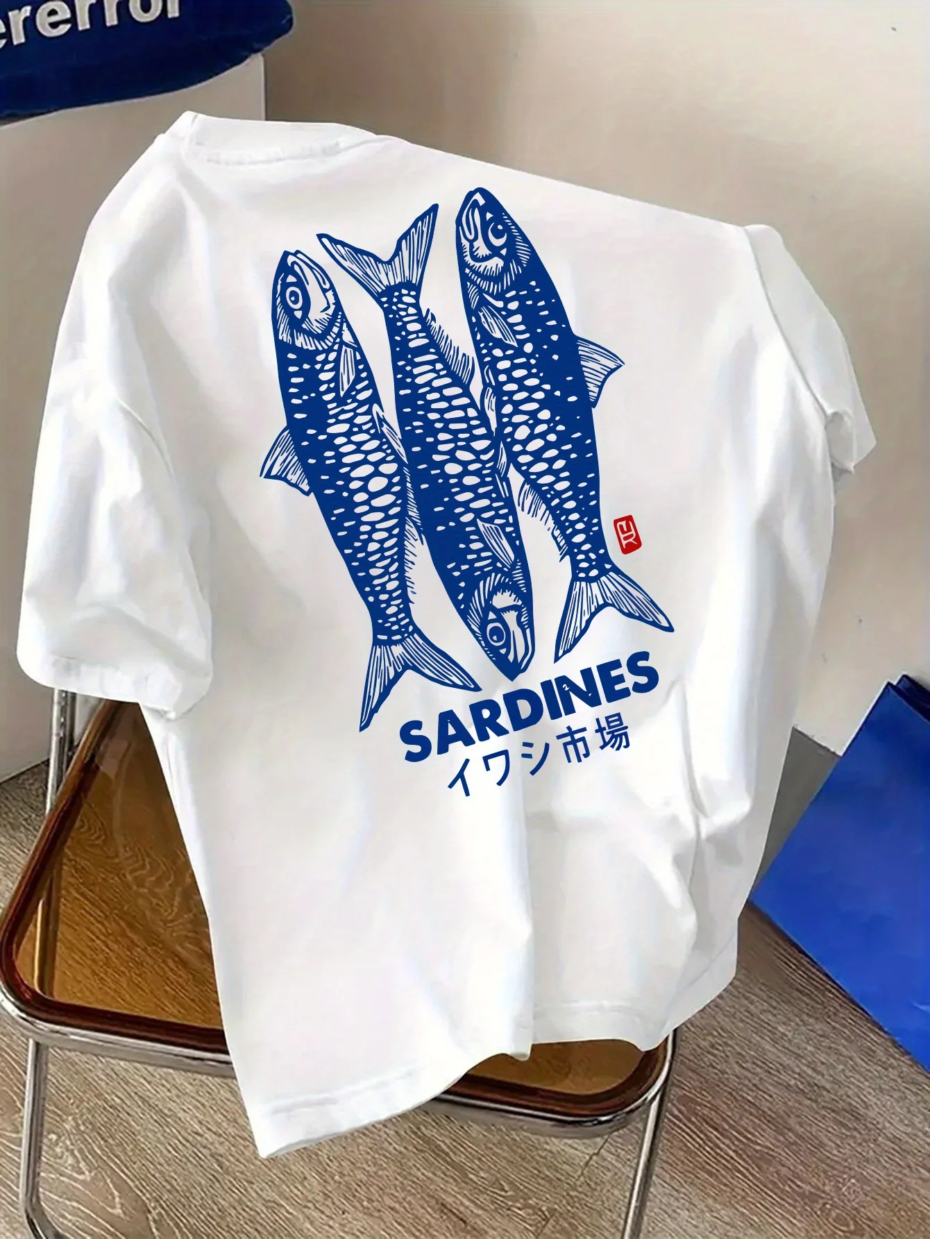 Japanese Sardines Market Graphic T-Shirt Vintage Harajuku Style White Short Sleeve Tee Casual Loose Fit Summer Streetwear Top