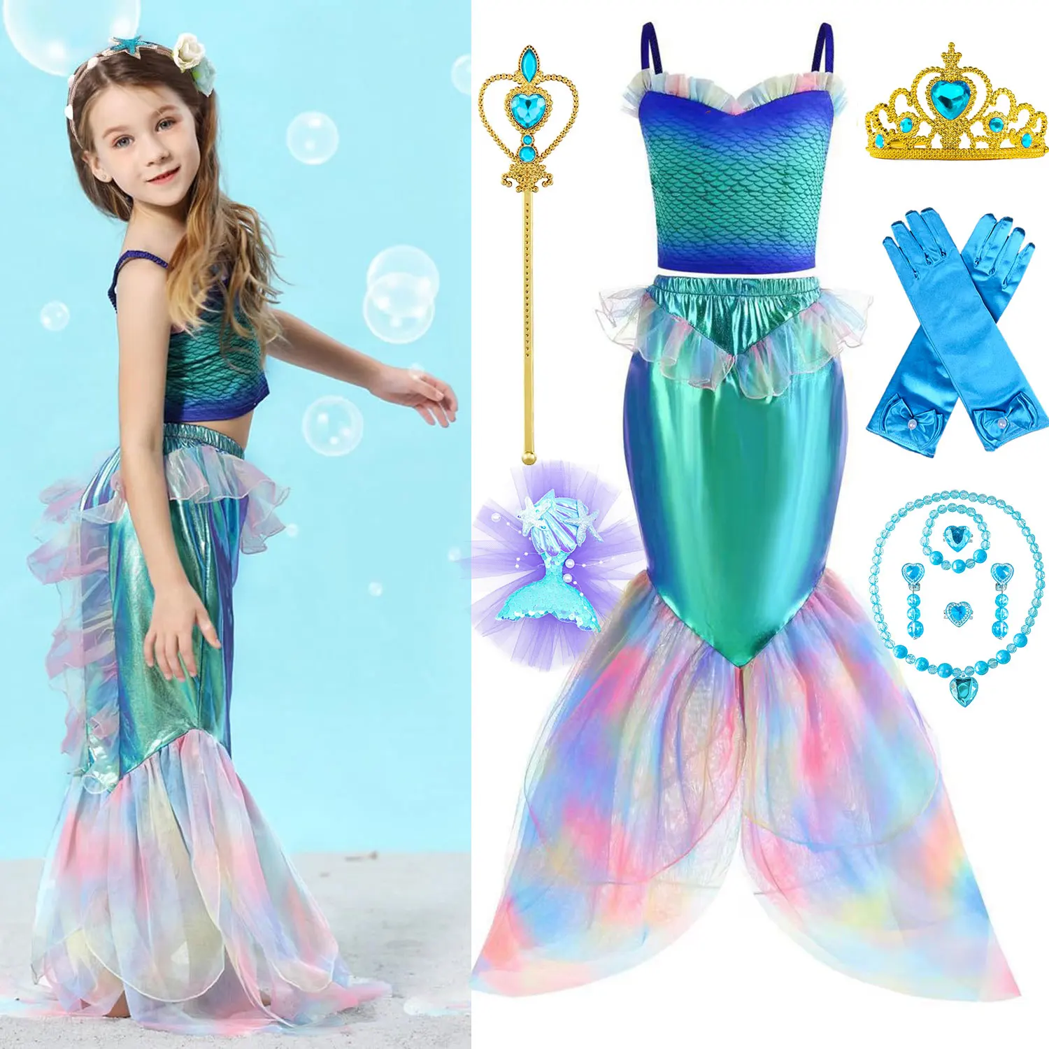 2024 NUOVO due pezzi sirena vestire top e gonna a coda ragazze spalle scoperte abito da principessa Ariel gioco di ruolo bambini abbigliamento di Halloween