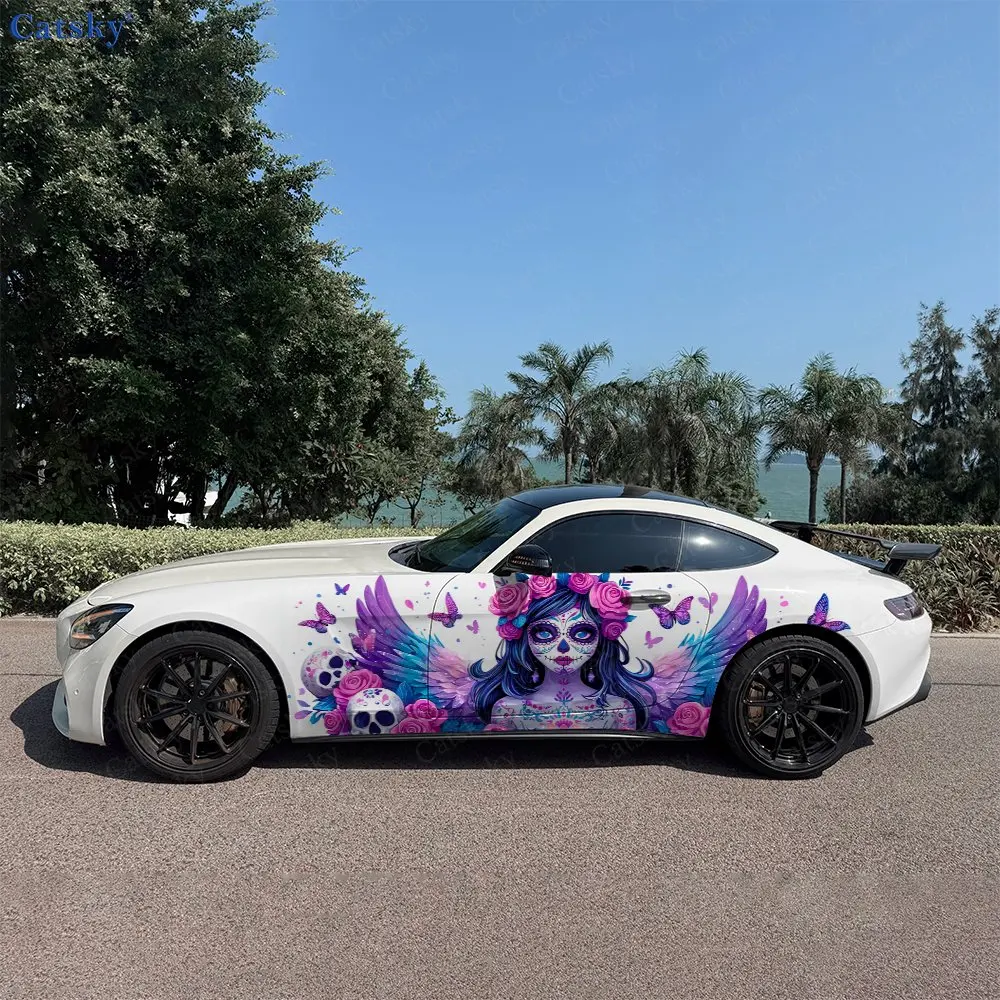 2pcs Day of the Dead Makeup Beauty Floral Car Side Wrap, Self-Adhesive PVC Waterproof & Scratch-Resistant Sticker, Car Accessory