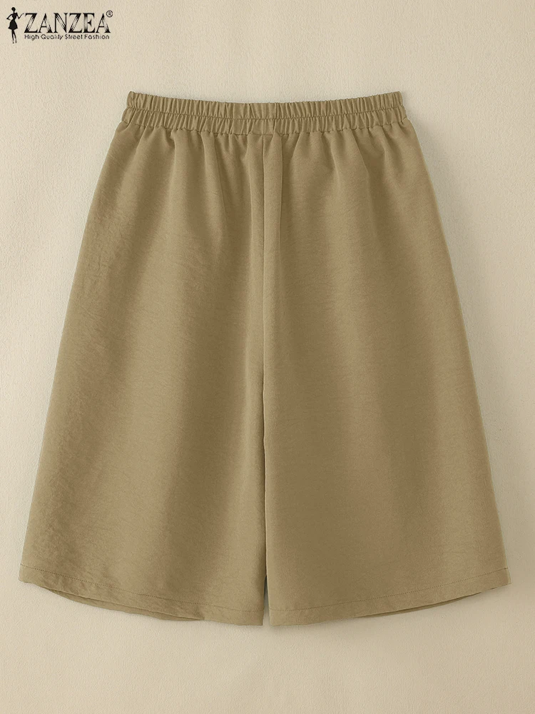 ZANZEA شورتات عصرية للسيدات 2025 سراويل كابري صيفية عالية الخصر جيب بلون واحد شورتات غير رسمية بخصر مطاطي مستقيم