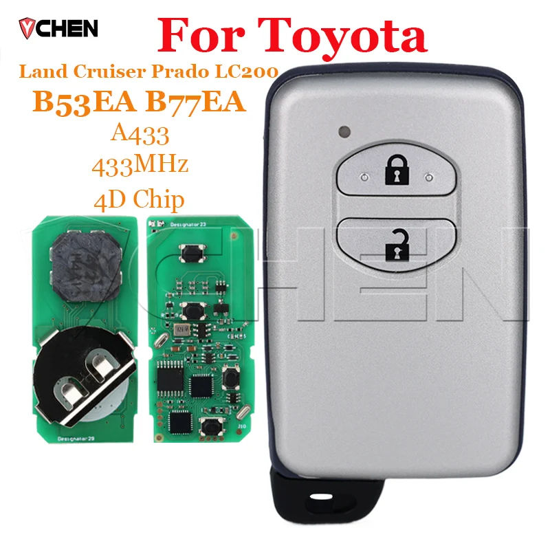 Car Smart Remote Key 2 Button B53EA B77EA ASK 433MHZ A433  Fob for Toyota Land Cruiser Prado LC200 2009-2013 Car key with chip