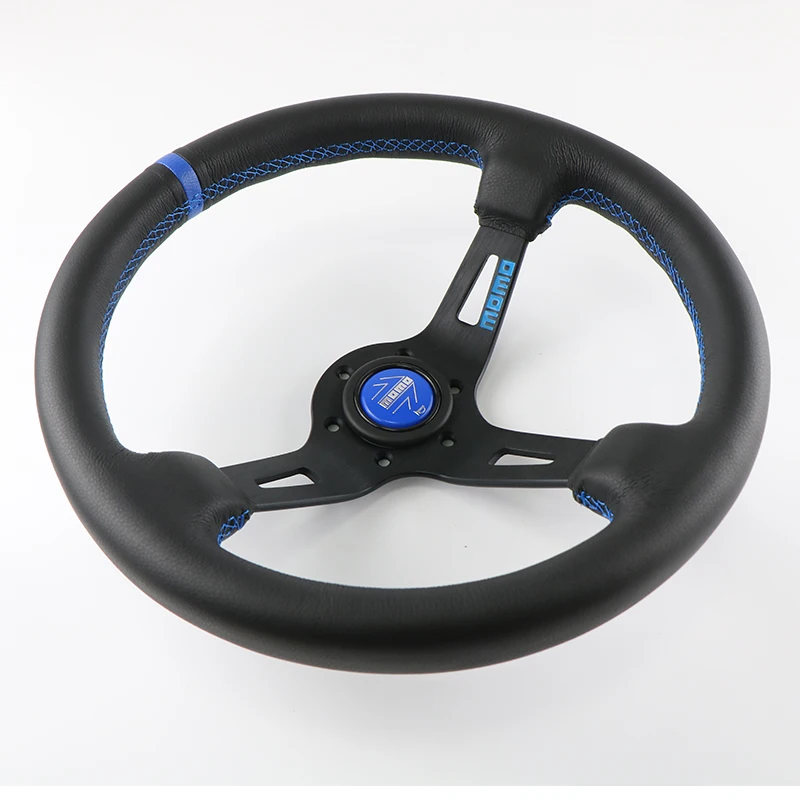 MOMO Steering Wheel Blue Horn Hood Braided Thread 350MM 14 Genuine Leather Racing Game Competition Sports Car JDM SIM