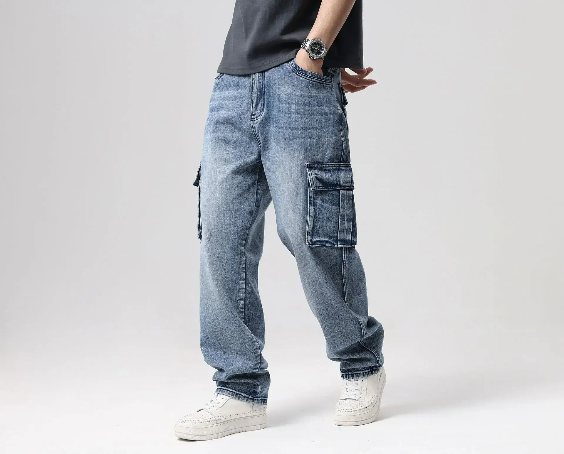 

Straight Jeans for Men High Waist Multi Pocket Baggy Skateboard Pants 2024 Autumn Washed Ankle Length Trousers Streetwear Denims