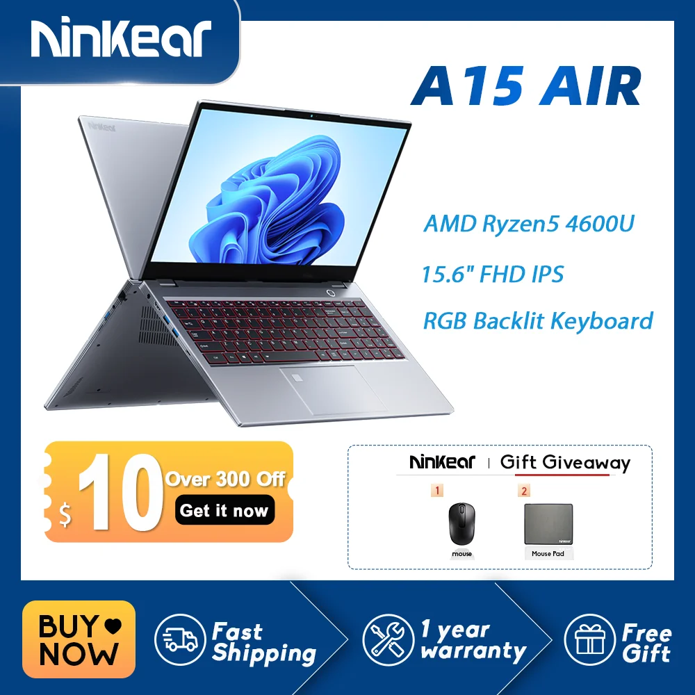 Ordinateur portable Ninkear A15 Air, 15.6 ", FHD, IPS, 16 Go, DDR4, 512 Go, SSD, AMD Ryzen 54600U, déverrouillage par empreintes digitales, clavier rétro4.2, Windows 11