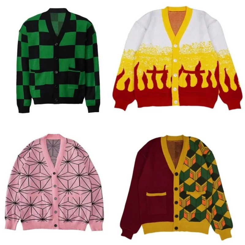 

New Hot Demon Slayer Anime Kamado Tanjirou Cosplay Costume Unisex Knitted Sweater Warm Cardigan V Neck Sweater Halloween Jacket