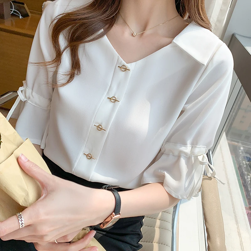 Summer Fashion V-neck Flare Sleeve Chiffon Shirts Vintage Solid Chic Button Commute Blouse Women Clothing Temperament Tops