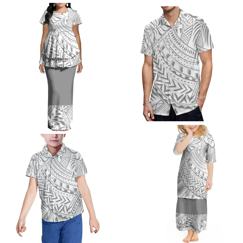 

Double-Layer Hem Women'S Suit Dress Polynesian Children'S Puletasi Suit Dress Custom-Made Men'S Shirt Tribal Design Family Dress