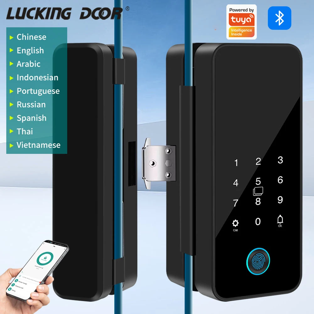 Unterstützt Tuya APP Glastürschloss Fingerabdruck Bluetooth-Entriegelung Ohne Bohren Biometrisches Elektronisches Steuerungssystem für Glastüren