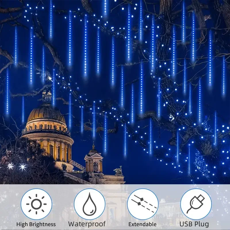 192 LED أضواء خرافية تعمل بالطاقة الأوروبية دش النيزك الديناميكي وسلسلة شريط الجليد لعيد الميلاد السنة الجديدة مثالية لديكور المنزل والفناء