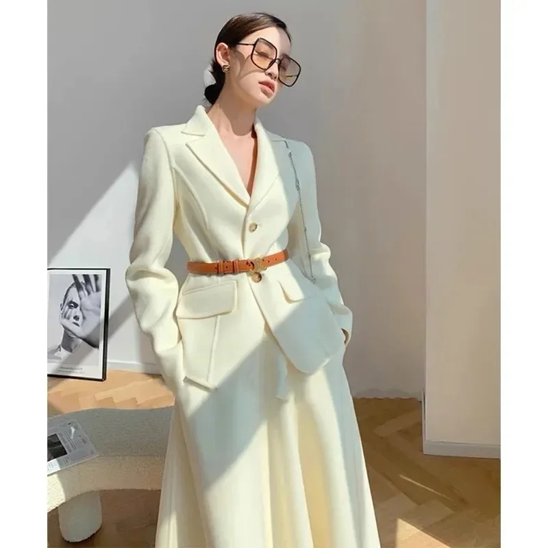 Cashmere and Cotton Woolen Women\'s Suit Jacket Skirt Set Temperament Elegant Office Lady Suit Blazer Long Skirt Two-piece Set