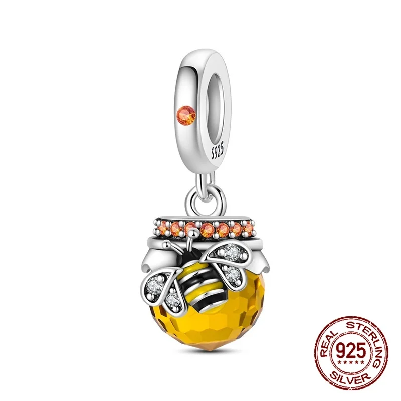 

925 Sterling Silver Yellow Honey Pot Crystal Pendant Honey Jar Charm Fit Original Charm Bracelets Women DIY Jewelry Gift