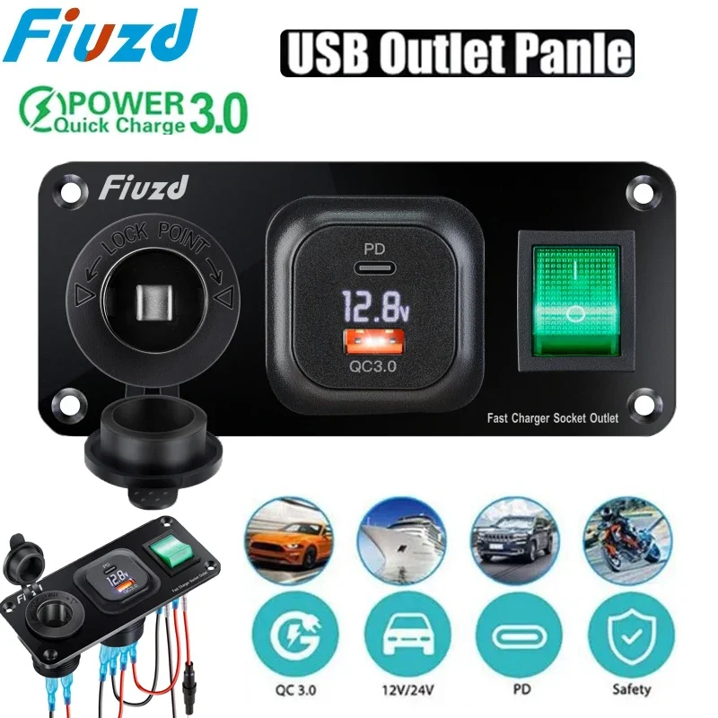 

12/24 В USB C Розетка Панель прикуривателя Разъем Двойной USB Автомобильное зарядное устройство Адаптер QC 3.0 Автомобильная быстрая зарядка для автобуса RV Лодка