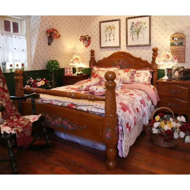 

American pastoral light luxury English red oak hand-painted big bed bedroom European style solid wood