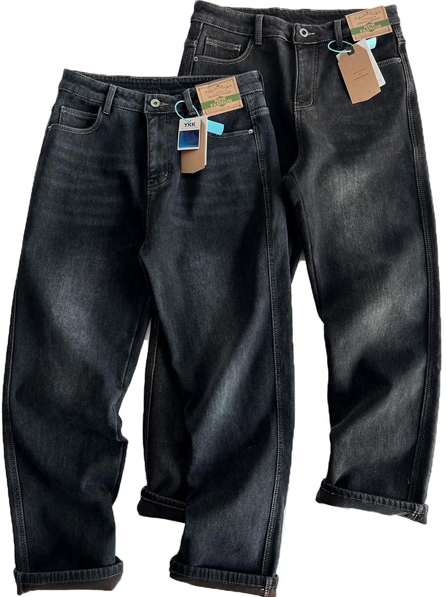 

Retro Waed Fce Lined Casual Straight Leg Jeans Men's Autumn Winter Cotton Polyester Blend Warm Color Jeans