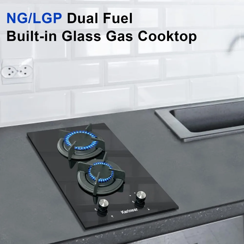 Gas Cooktop 2 Burner Propane Cooktop, 12 Inch LPG/NG Dual Fuel Gas Stove Top, Built-in Tempered Glass Gas Cooktop for Apartment