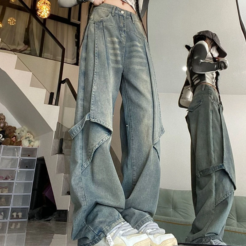 QWEEK Y2k Vintage Jeans Women High Waist Loose Straight Pants Spring Blue Spliced Casual Streetwear Fashion Denim Wide Leg Pants