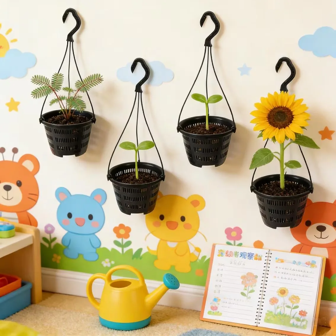 4 Black Hanging Flower Pots, Multi Hook Hanging System, with Drainage Holes, Suitable for Indoor and Outdoor Orchid Planting