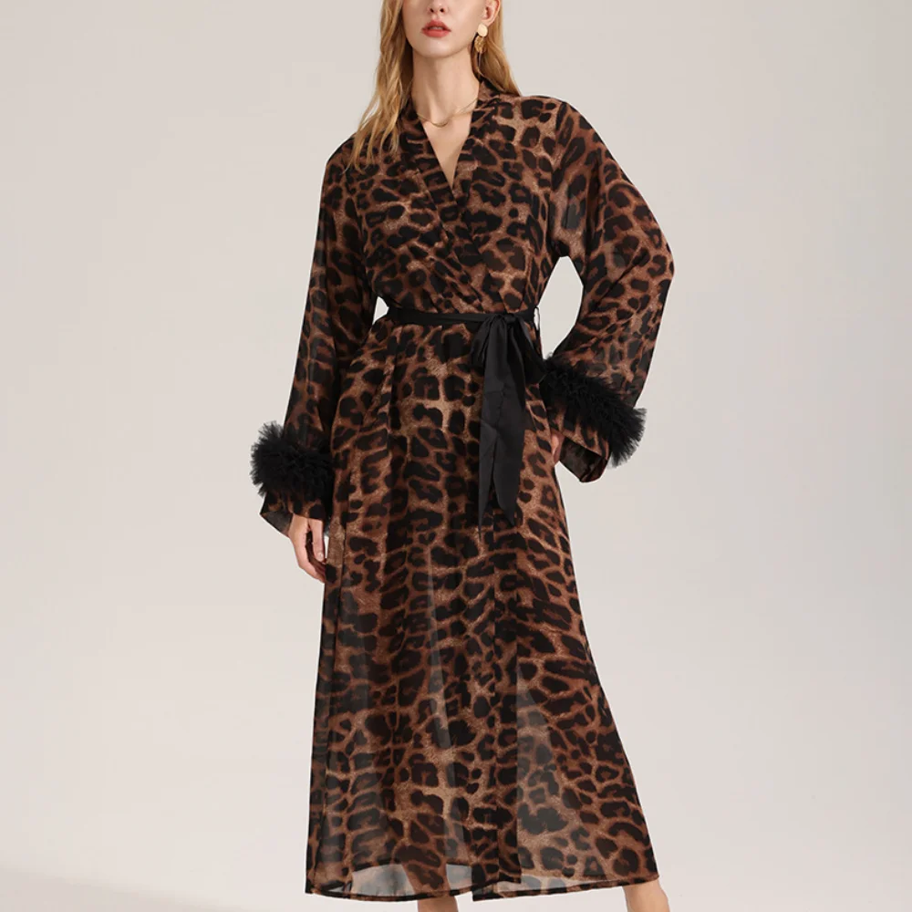 Fashion Leopard Women Long Robe Home Dress Sexy Lace Kimono Bathrobe Yukata Gown Summer Female Nightwear Nightgown Lingerie
