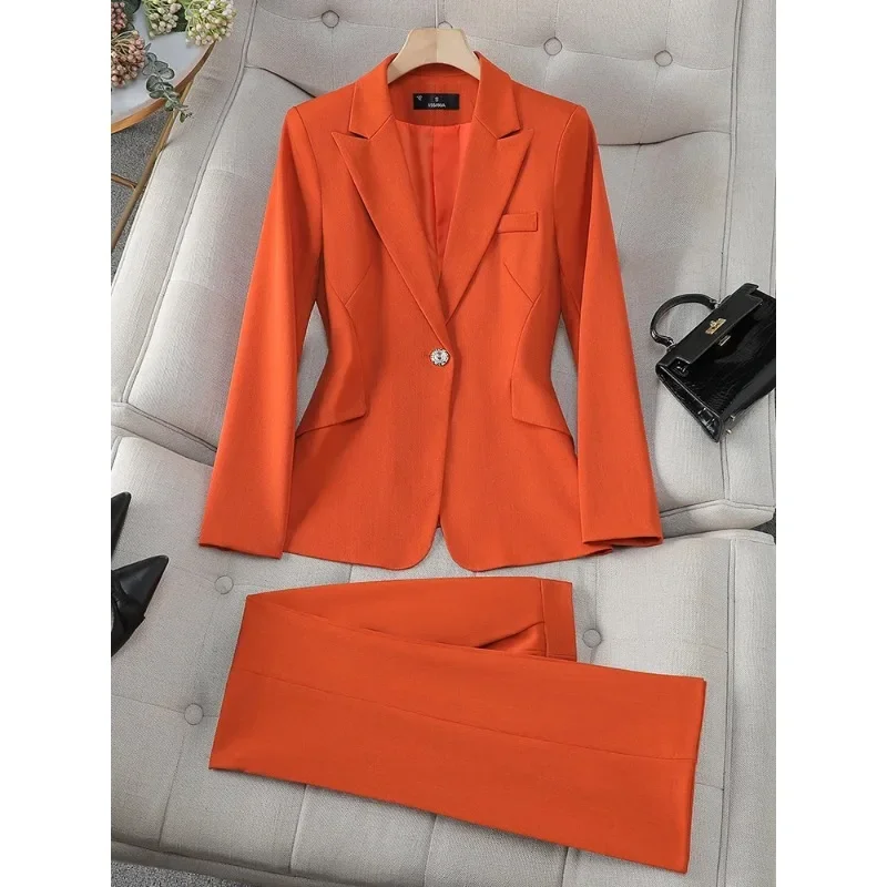 Ladies Formal Pant Suit Set Women Orange Pink Green Female Business Work Wear Long Sleeve 2 Piece Blazer Jacket And Trouser