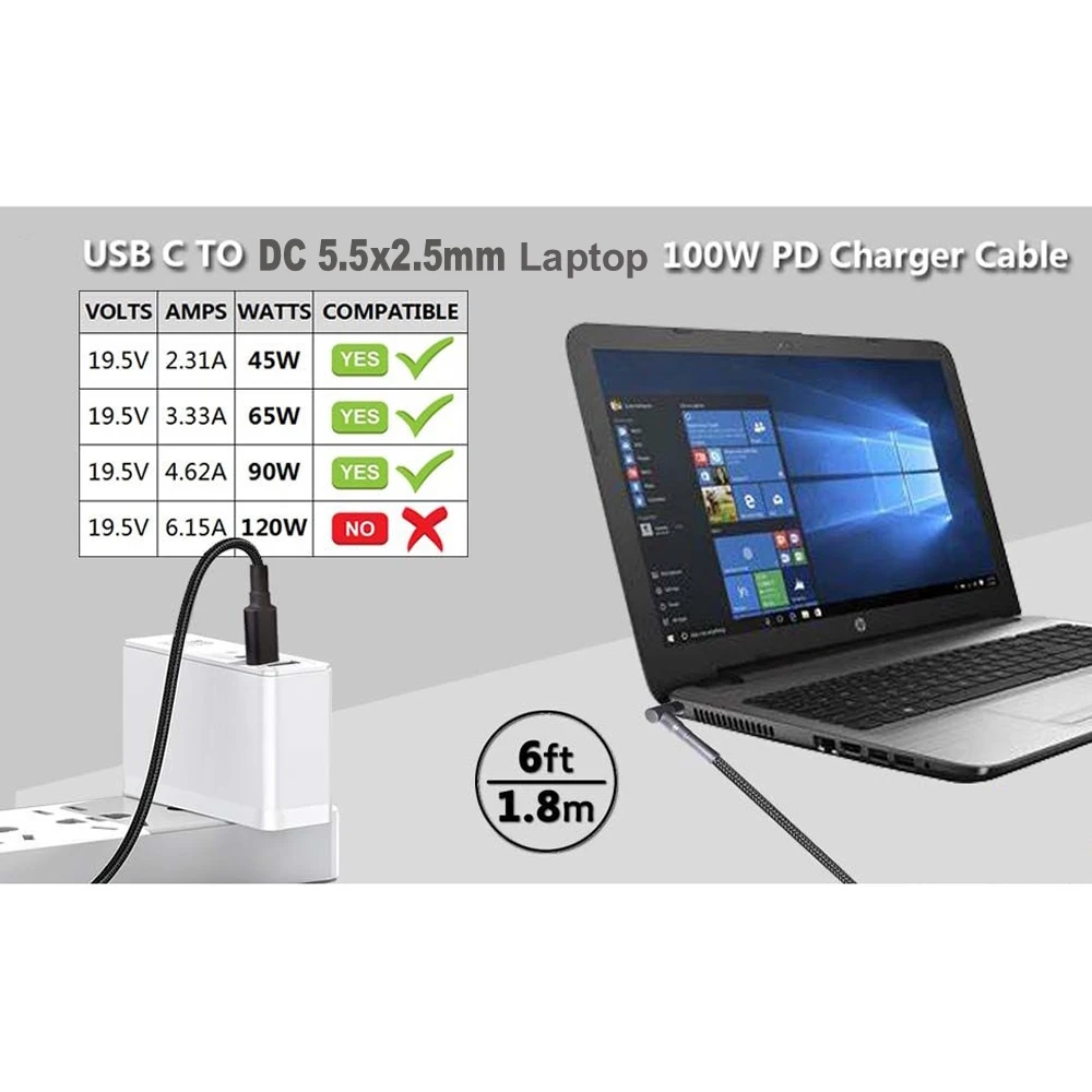 100W typ C do 5.5x2.5mm męski konwerter kabel DC notebooki przewód do szybkiego ładowania USB C PD do laptopa Asus Lenovo Toshiba (18-20V)