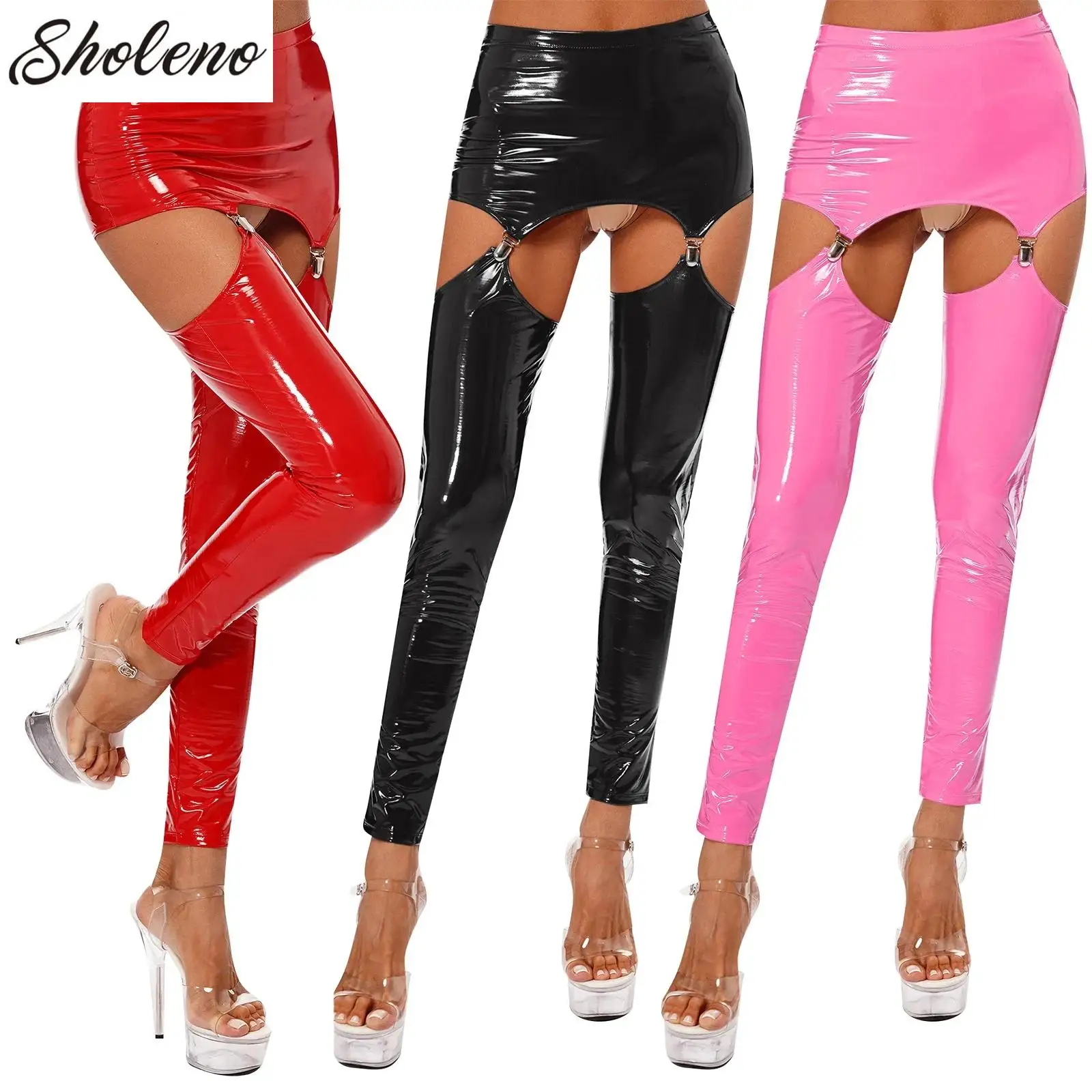 Women Mini Skirt with Garter Clips Lingerie Latex Pants Leggings Patent Leather Elastic Waist Thigh Cutout Tights Party Clubwear