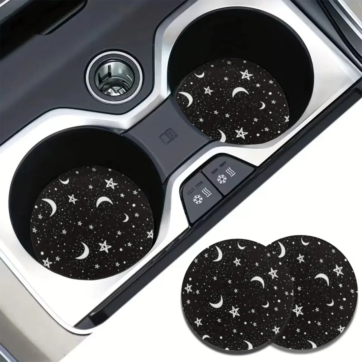 2Pcs Moon Star Car Cup Coasters, Soft Texture Auto Cup Holder Pads, Celestial Night Sky Design for Car Interior Decor