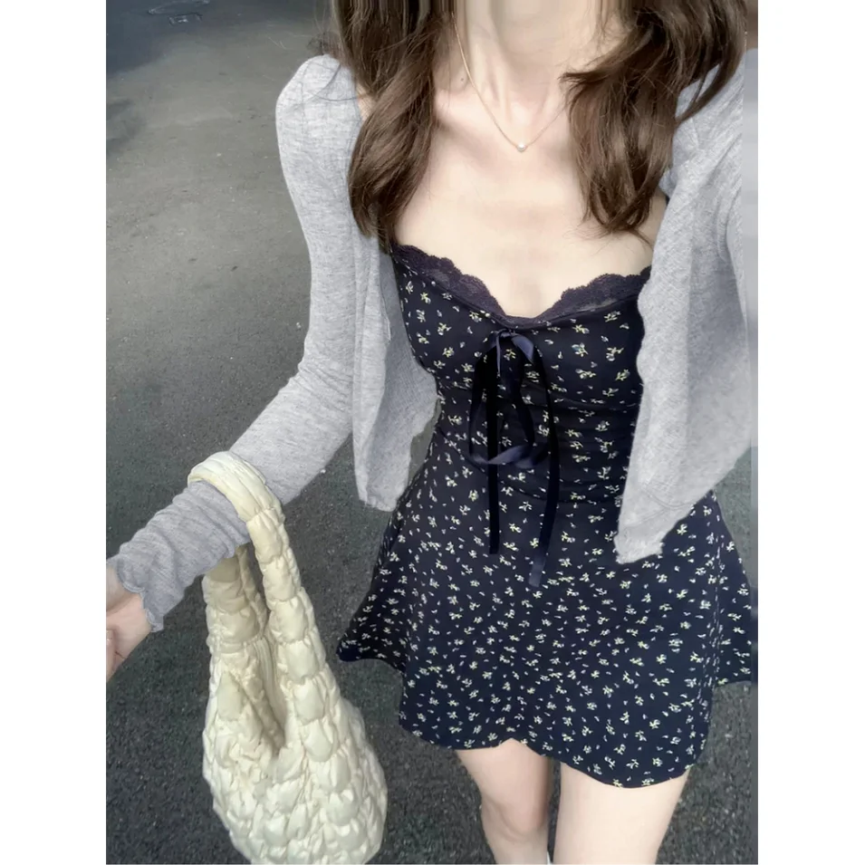 Women's Bodycon Navy Floral Camisole Dress And Plain Knit Cardigan Set Petite Slim Fit Fall Outfit Chic Vacation Cover-Up Spring