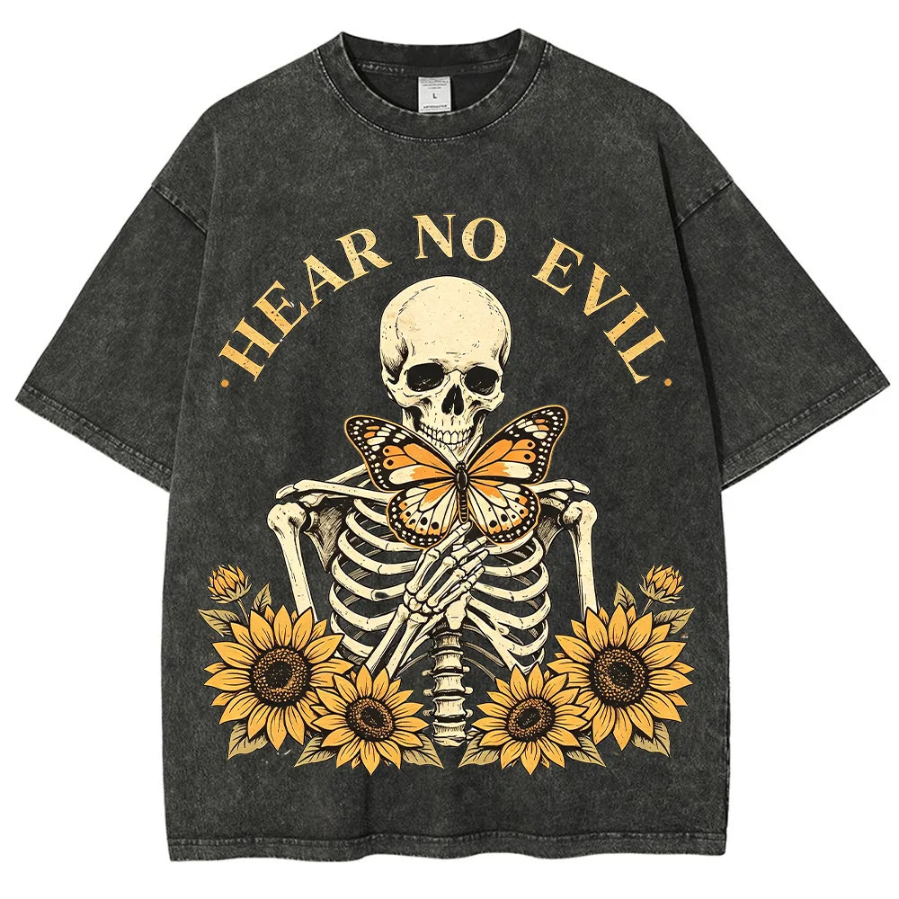 Men T Shirt Hear No Evil Skull Butterfly Graphic Vintage Washed Cotton Oversized Sunflower Gothic Rock Streetwear Casual Top