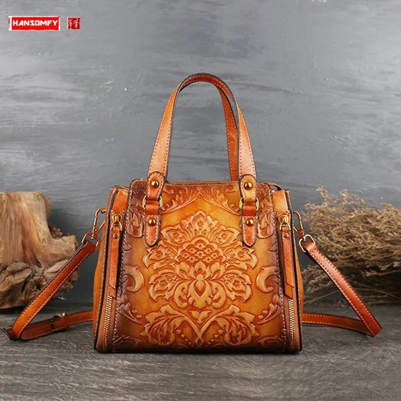 Women's Retro Crossbody Handbag Presbyopic Women's Bag High-Grade Ethnic Style Niche Fashion All-Match Leather Bucket Bags